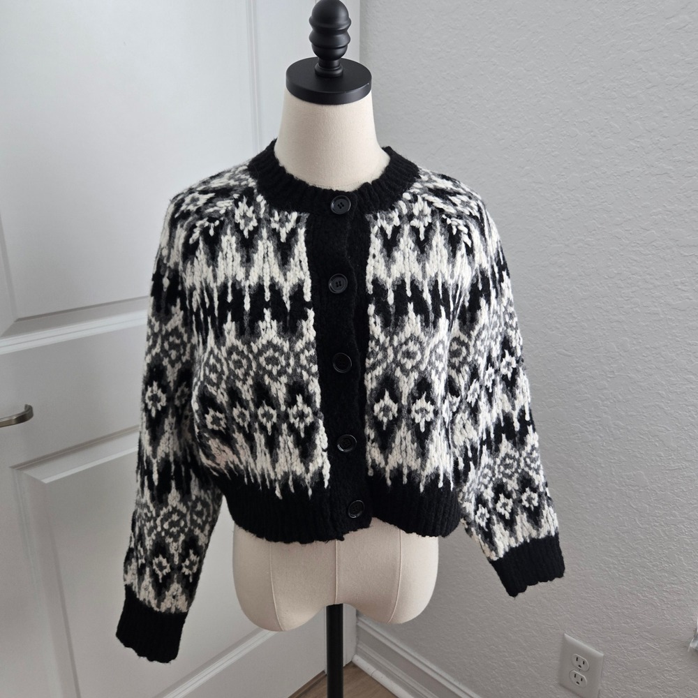 J. Crew Womens Fair Isle Cardigan‎ Sweater Black White Wool Alpaca CE714 Size S - Picture 2 of 9